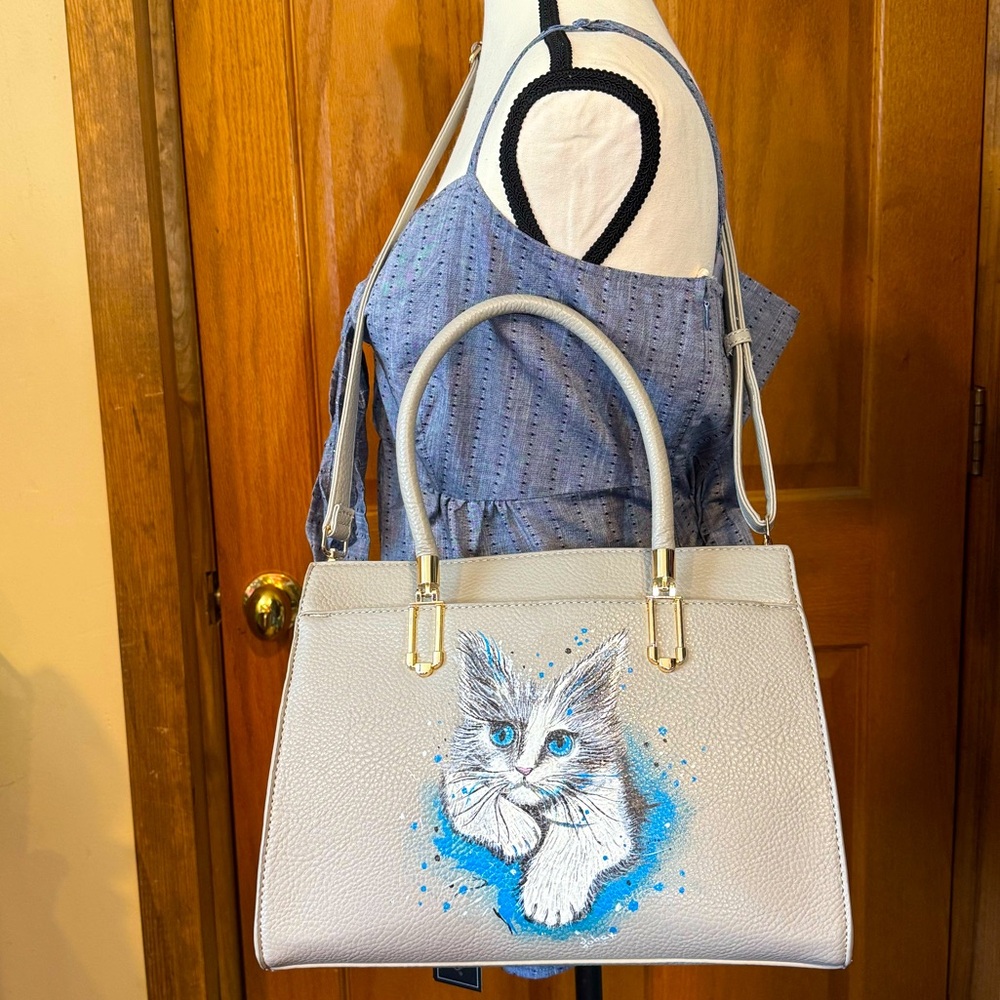 Cat Hand Painted Vegan LaTerre brand Convertible Shoulder Bag NWT